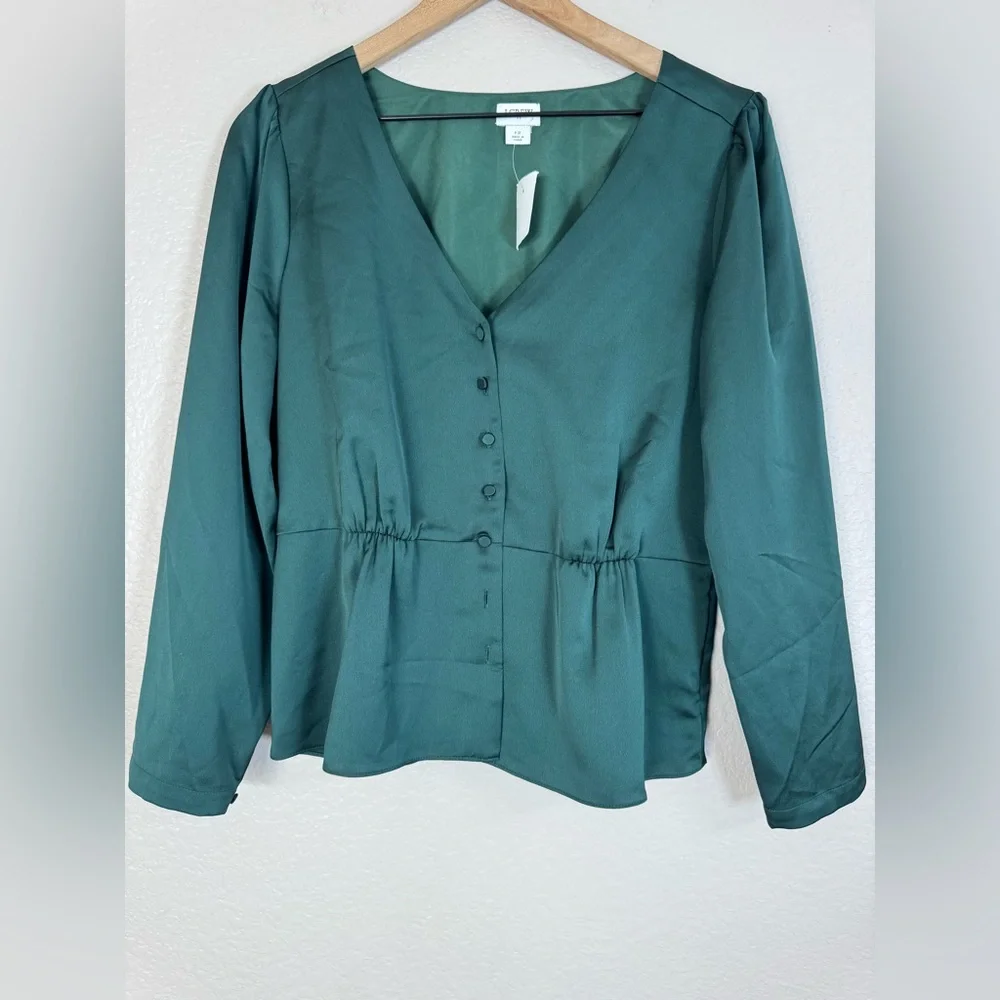 J Crew Green Long Sleeve Peplum Button Front Satin Crepe Blouse Top size 12 - Picture 7 of 8